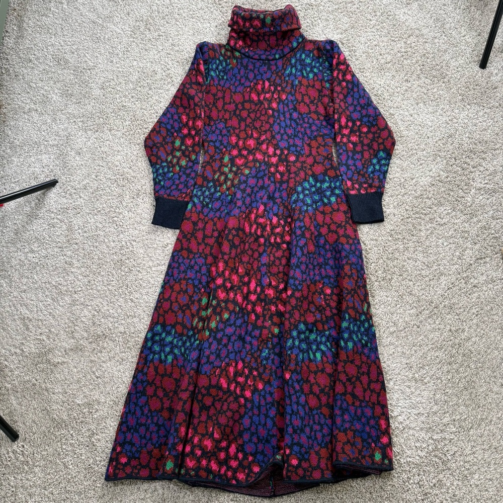 Farm Rio Sweater Dress Womens XS Multicolor Leopard Print Turtleneck Long Flare